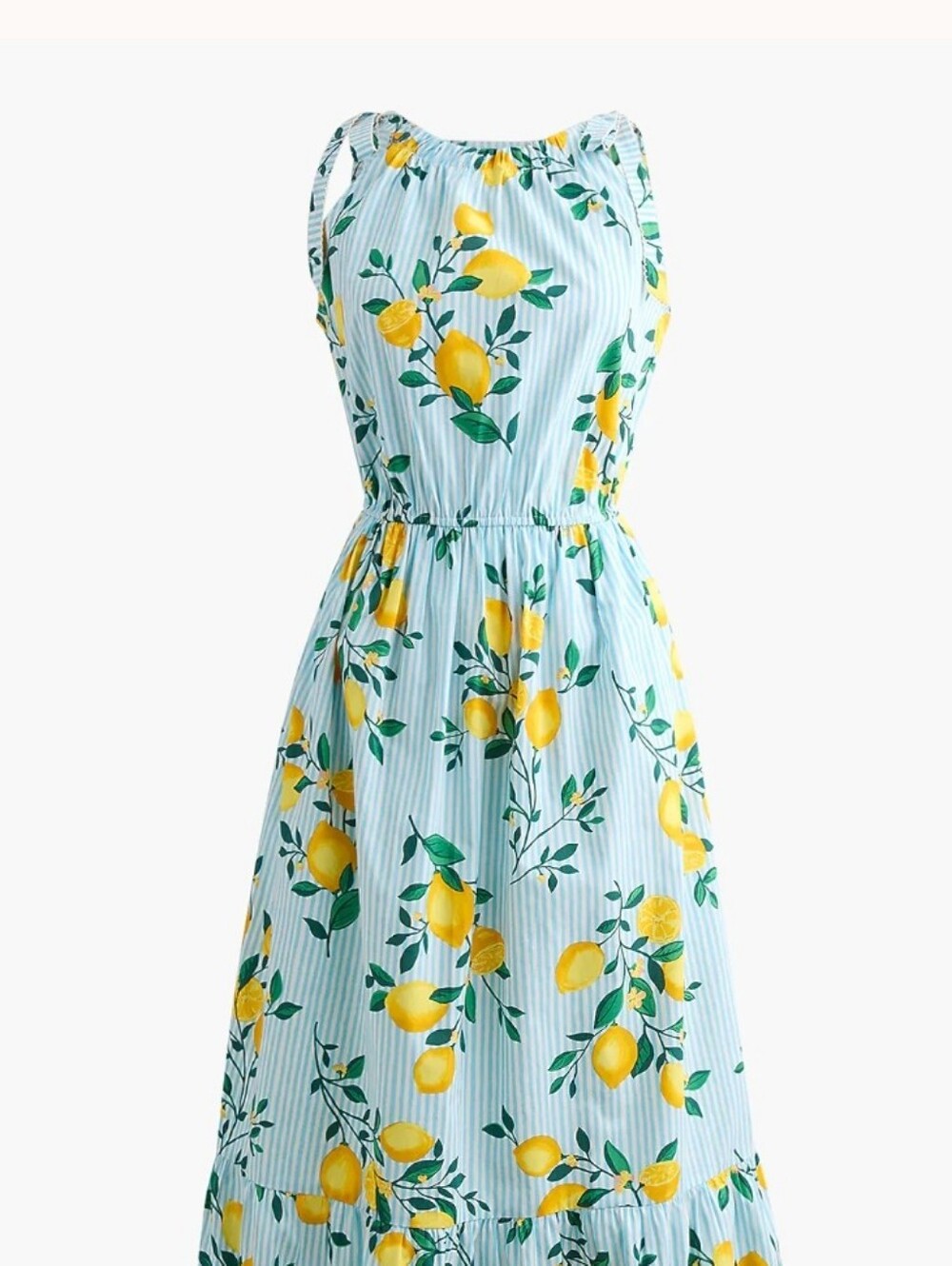 J. Crew Factory Blue Stripe Midi Dress with Yellow Lemon Print Tie Shoulder Sz 8